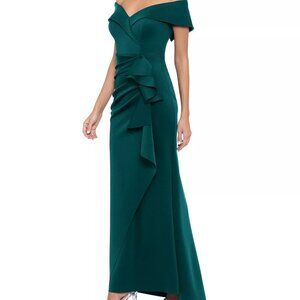 Xscape Scuba Off-the-Shoulder Gown (Hunter)